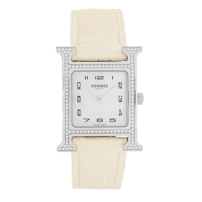 Hermes Stainless Steel Alligator Diamond Bezel Mother of Pearl 21mm Heure H Hour Quartz Watch Blanc 2 of 5