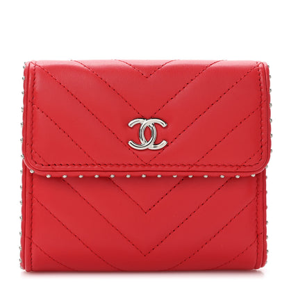 Chanel Lambskin Chevron Quilted Studded Compact Flap Wallet Red 1 of 9