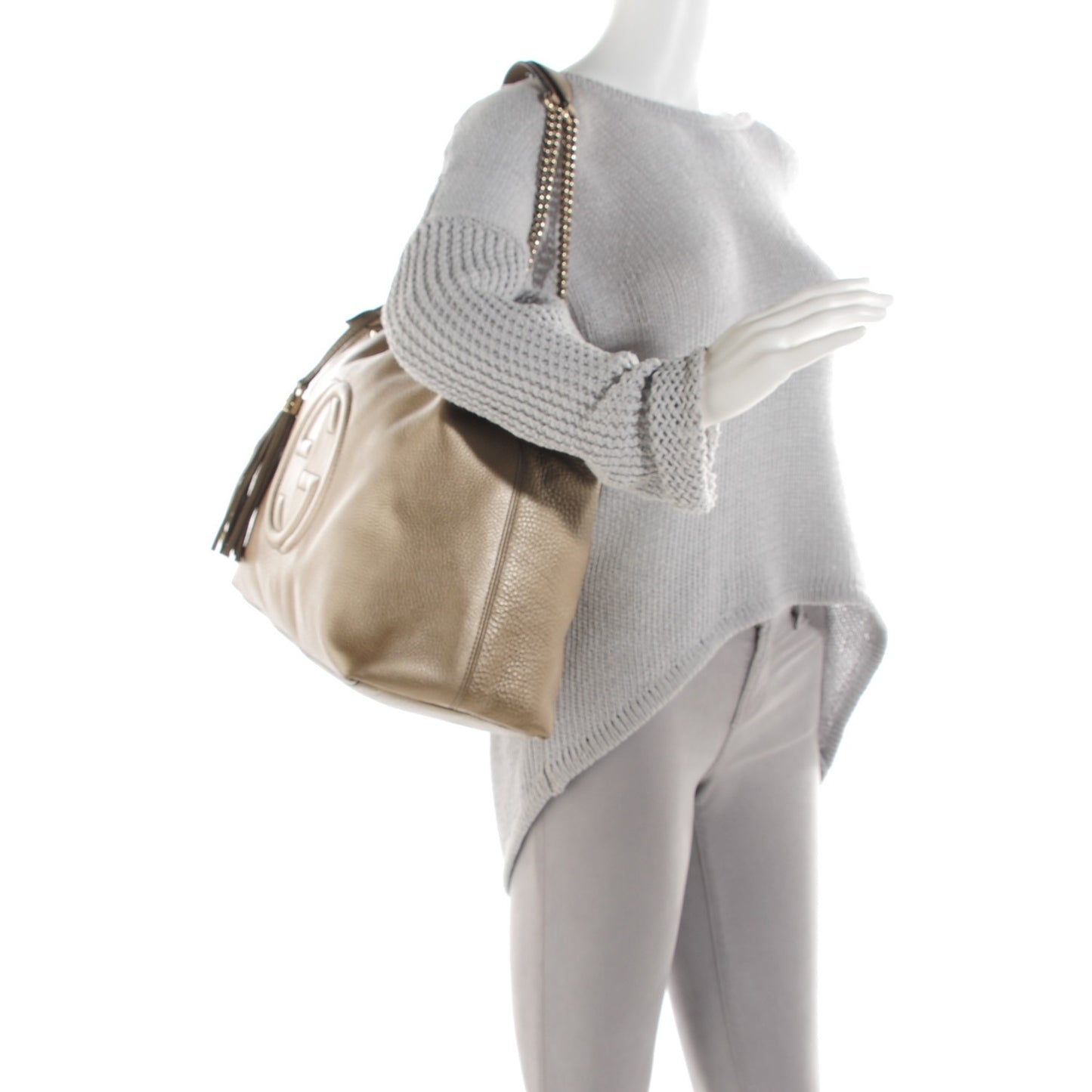 Metallic Pebbled Calfskin Large Soho Chain Shoulder Bag Golden Beige