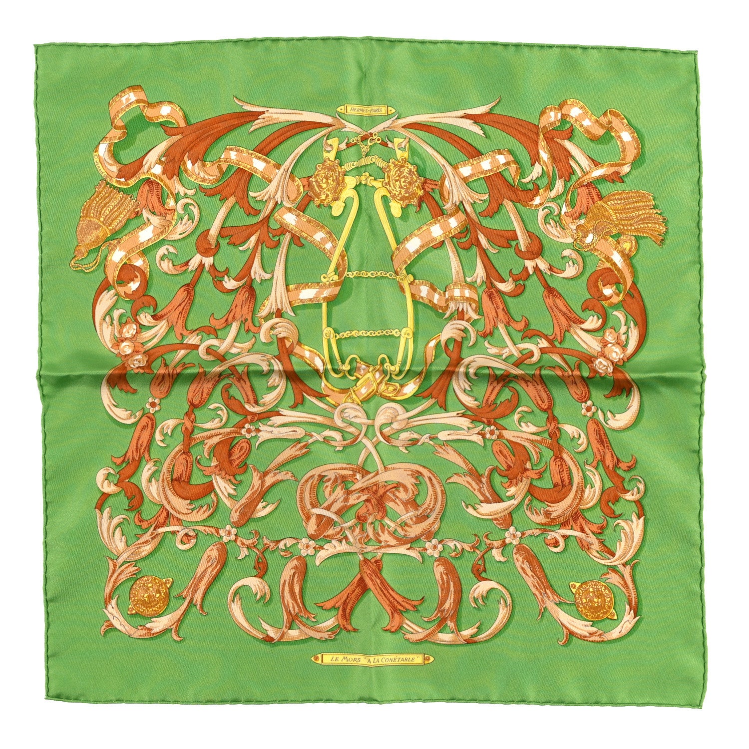 Hermes Silk Le Mors A La Conetable Pocket Square Vif Sable Chaudron 1 of 3