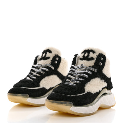 Chanel Shearling Suede CC High Top Sneakers 36 Black White 3 of 8