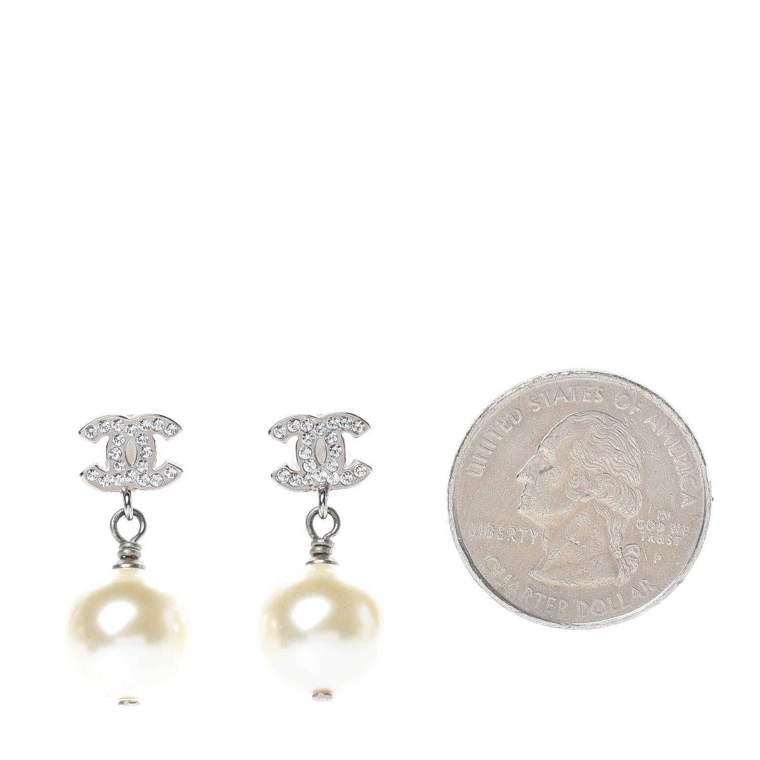 Chanel Crystal Pearl CC Drop Earrings Silver Pearly White 2 of 5