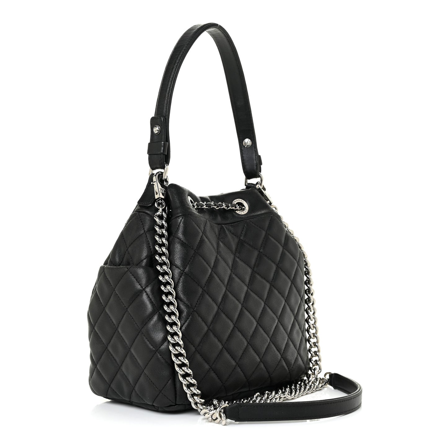 Lambskin Quilted Mini CC Chain Bucket Bag Black