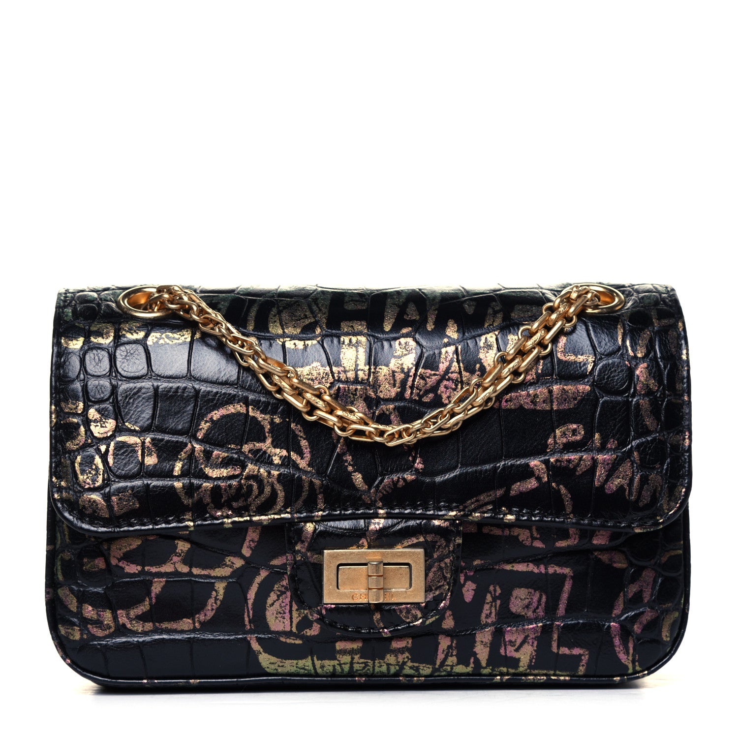 Chanel Calfskin Crocodile Embossed Graffiti 2.55 Mini Cocodile Reissue Flap Black Pink 2 of 17