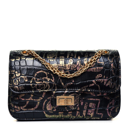 Chanel Calfskin Crocodile Embossed Graffiti 2.55 Mini Cocodile Reissue Flap Black Pink 2 of 17