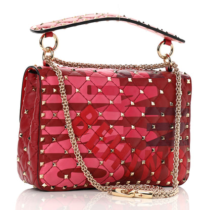 Valentino Garavani Nappa Lettering Print Quilted Medium Rockstud Spike Shoulder Bag Red Pink 3 of 9