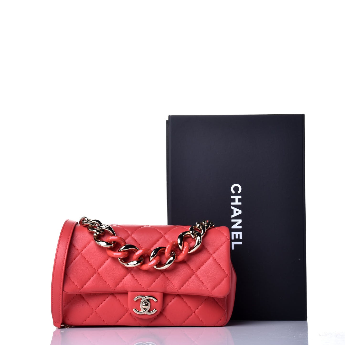 Lambskin Quilted Resin Bi-Color Chain Flap Bag Red