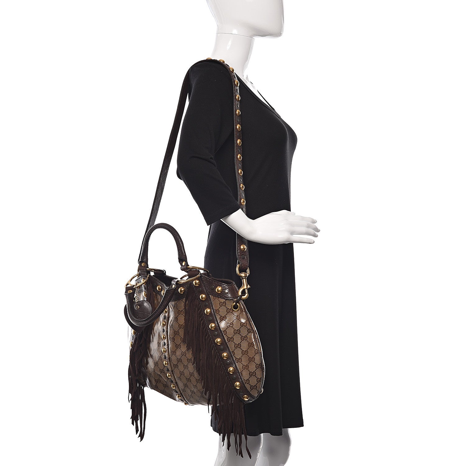 Gucci Crystal Monogram Fringe Babouska Satchel Brown 3 of 11