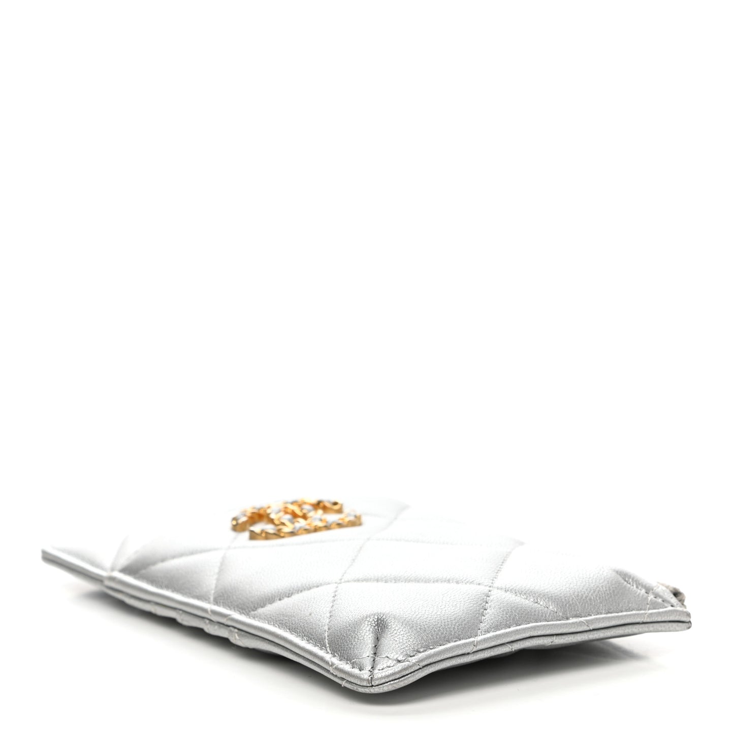Metallic Goatskin Quilted Chanel 19 Flat Wallet Pouch Silver