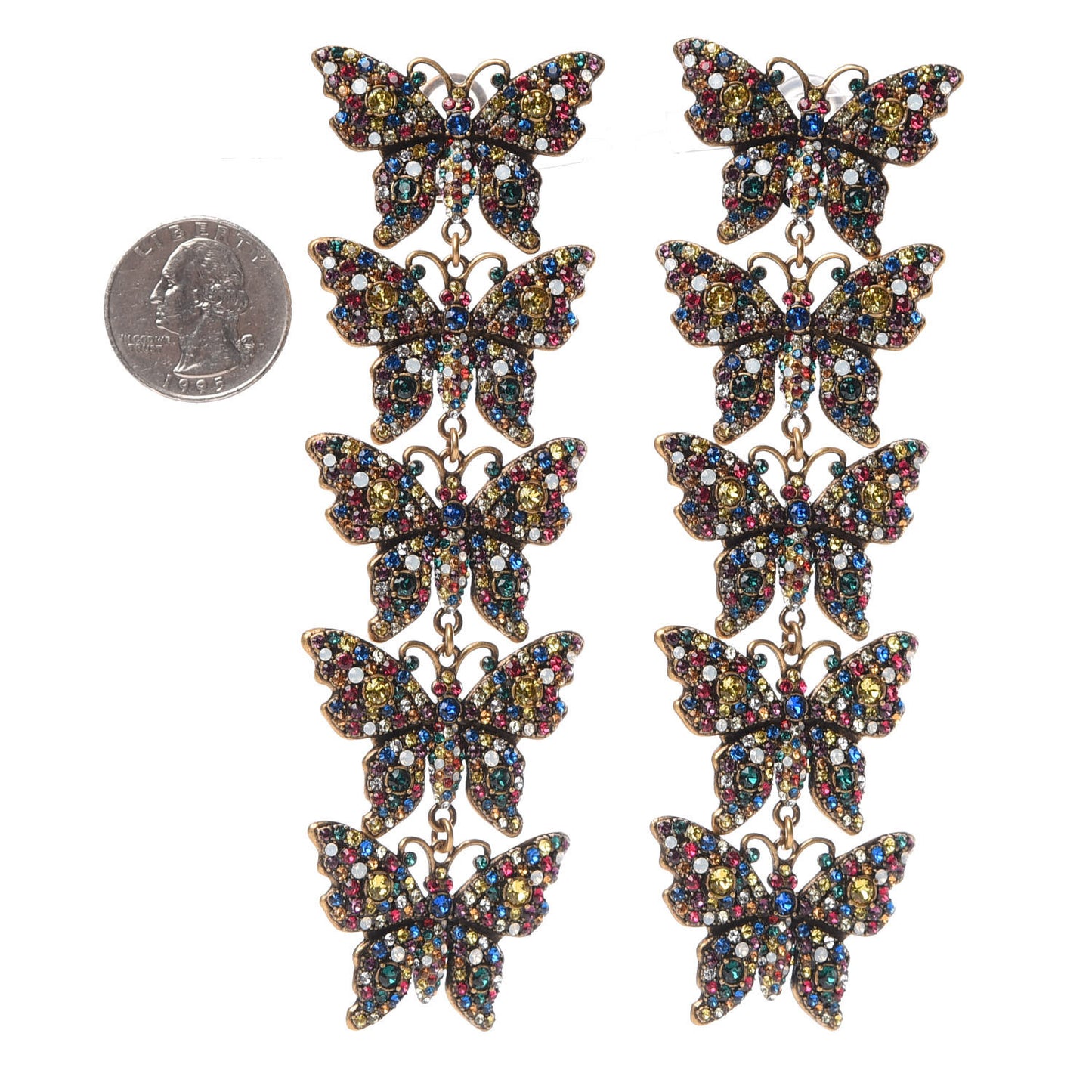 Metal Crystal Butterfly Clip On Drop Earrings Aged Gold Multicolor