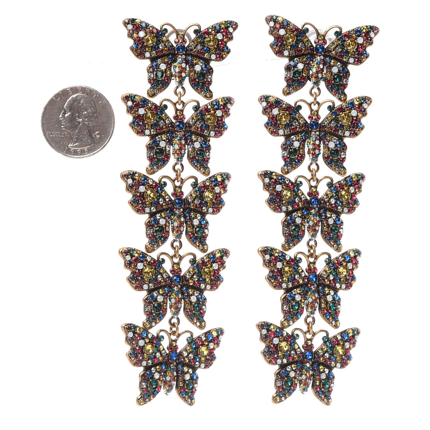 Gucci Metal Crystal Butterfly Clip On Drop Earrings Aged Gold Multicolor 2 of 5