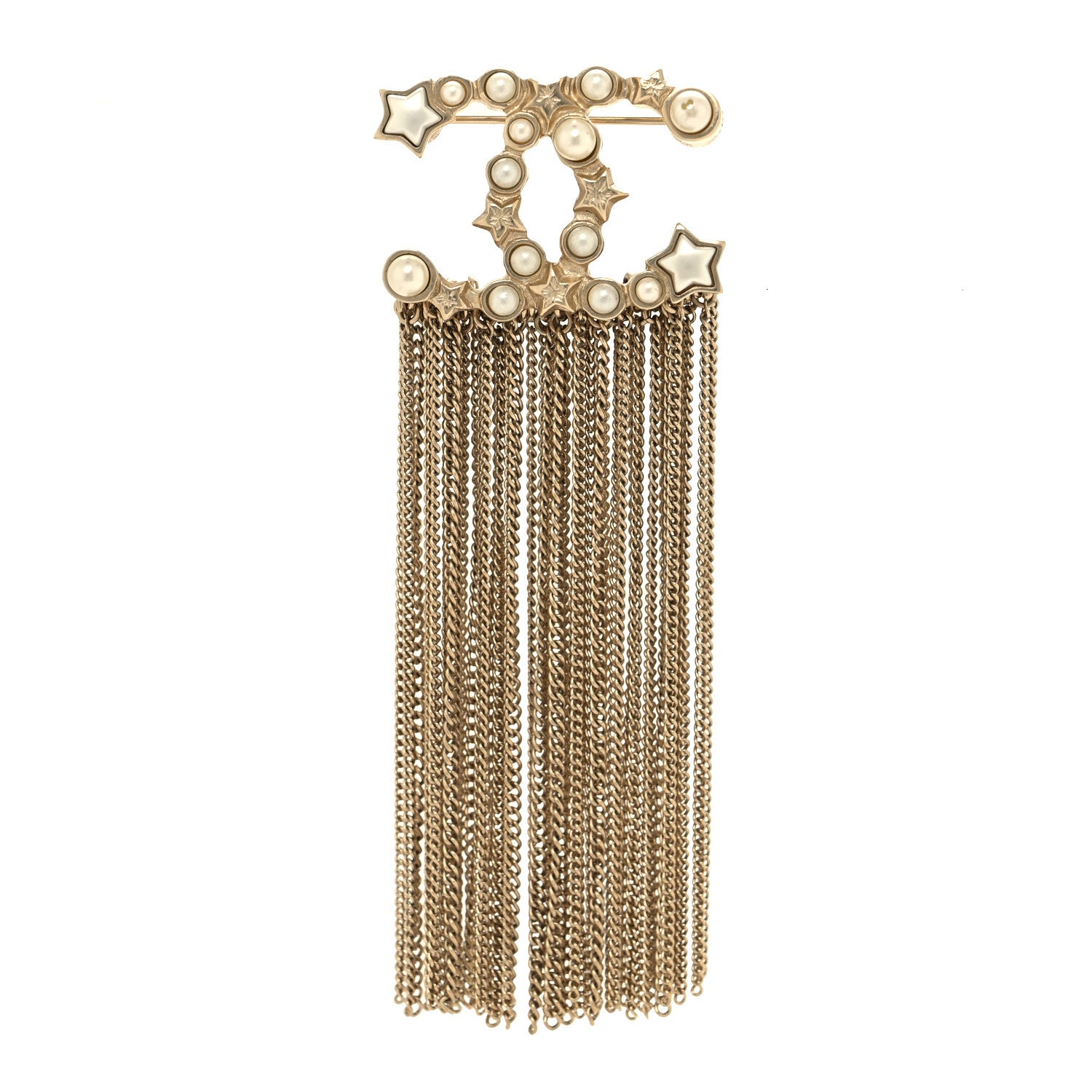 Chanel Metal Pearl Chain Fringe CC Brooch Gold 1 of 3