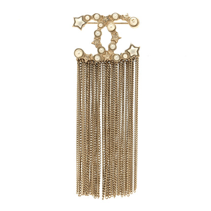 Chanel Metal Pearl Chain Fringe CC Brooch Gold 1 of 3