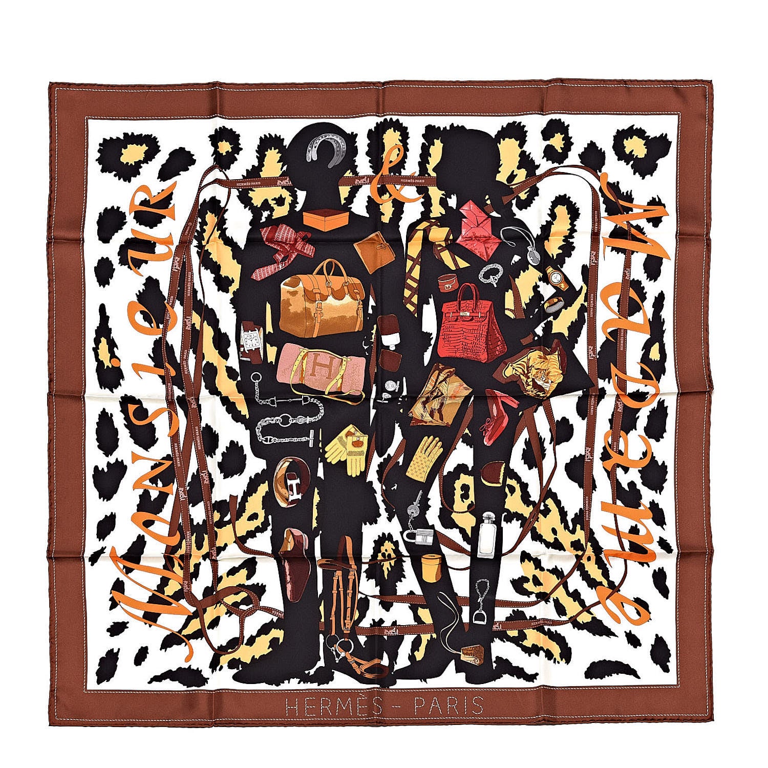 Hermes Silk Monsieur et Madame Scarf 90 Chocolat Ivory Black 1 of 4
