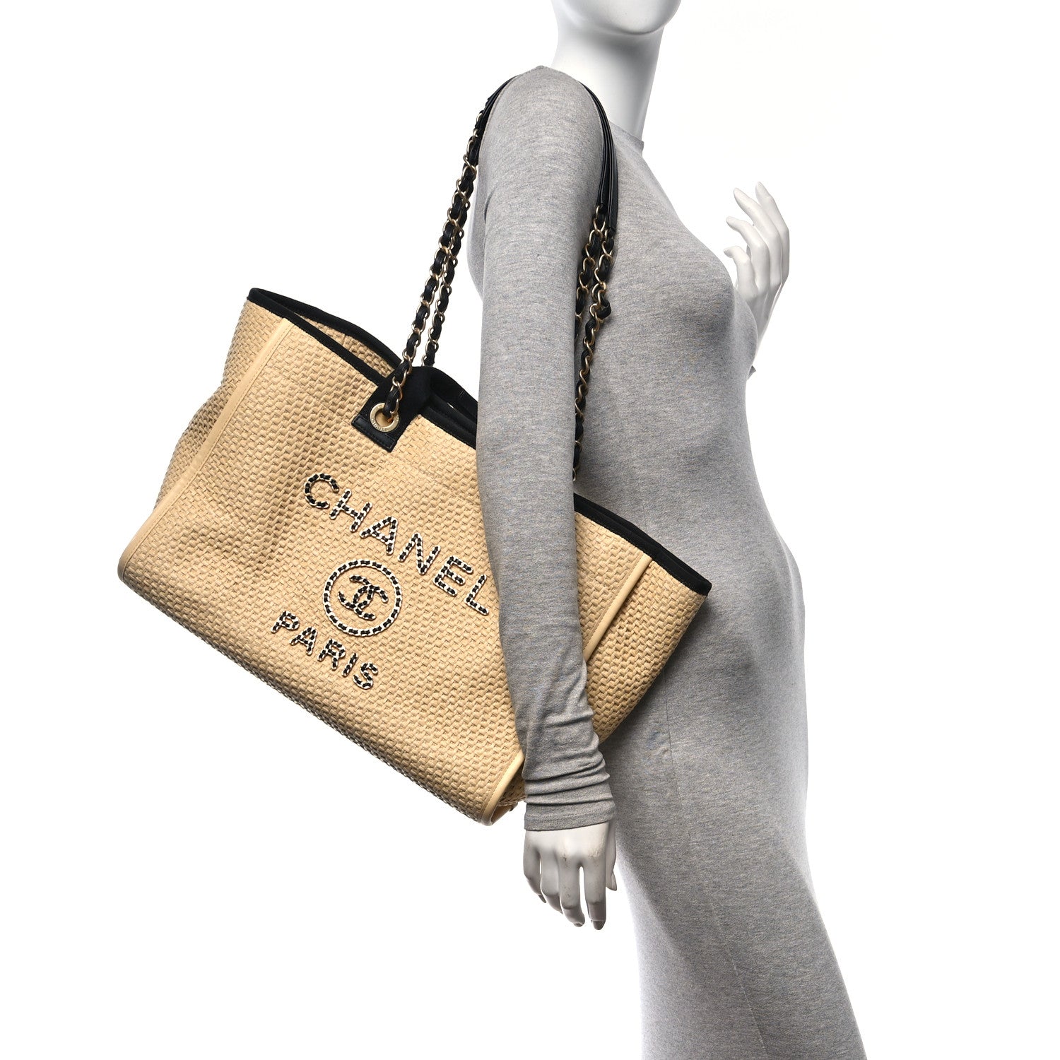 Chanel Straw Raffia Calfskin Chain Medium Deauville Tote Beige Black 2 of 11