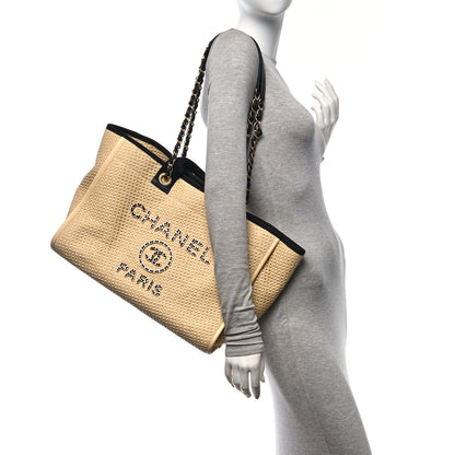 Chanel Straw Raffia Calfskin Chain Medium Deauville Tote Beige Black 2 of 11