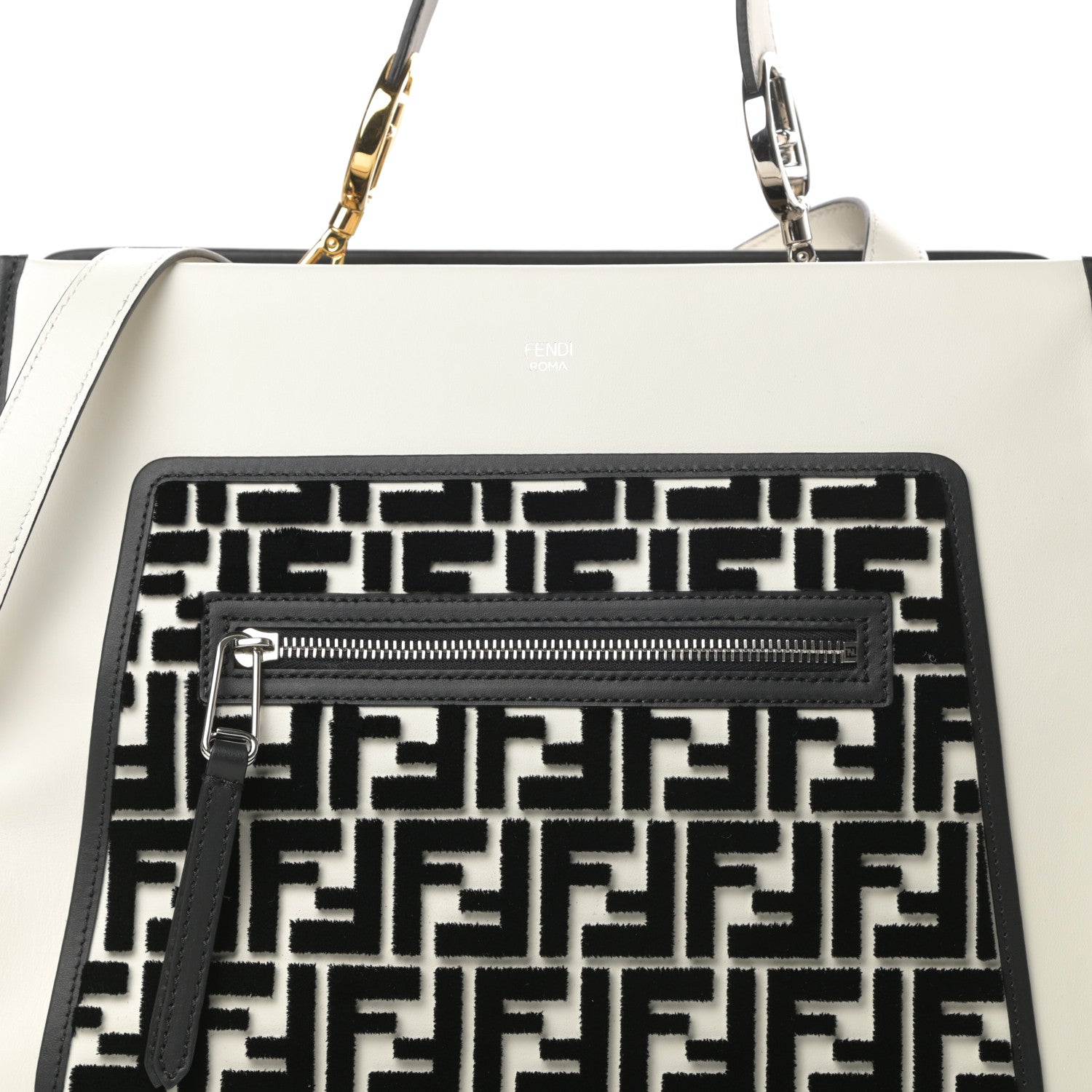 Fendi Vitello Century Velvet F is Fendi FF Embroidered Regular Runaway Satchel White Black 8 of 11