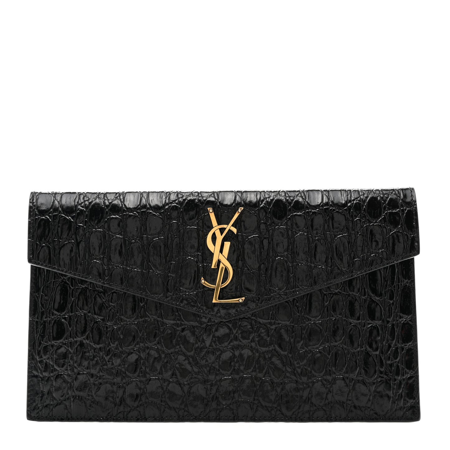 Calfskin Crocodile Embossed Uptown Monogram Clutch Black