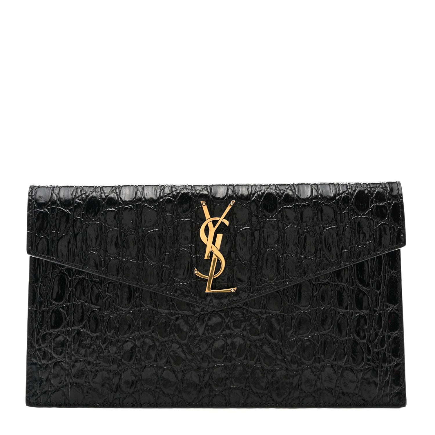 Saint Laurent Calfskin Crocodile Embossed Uptown Monogram Clutch Black 1 of 7