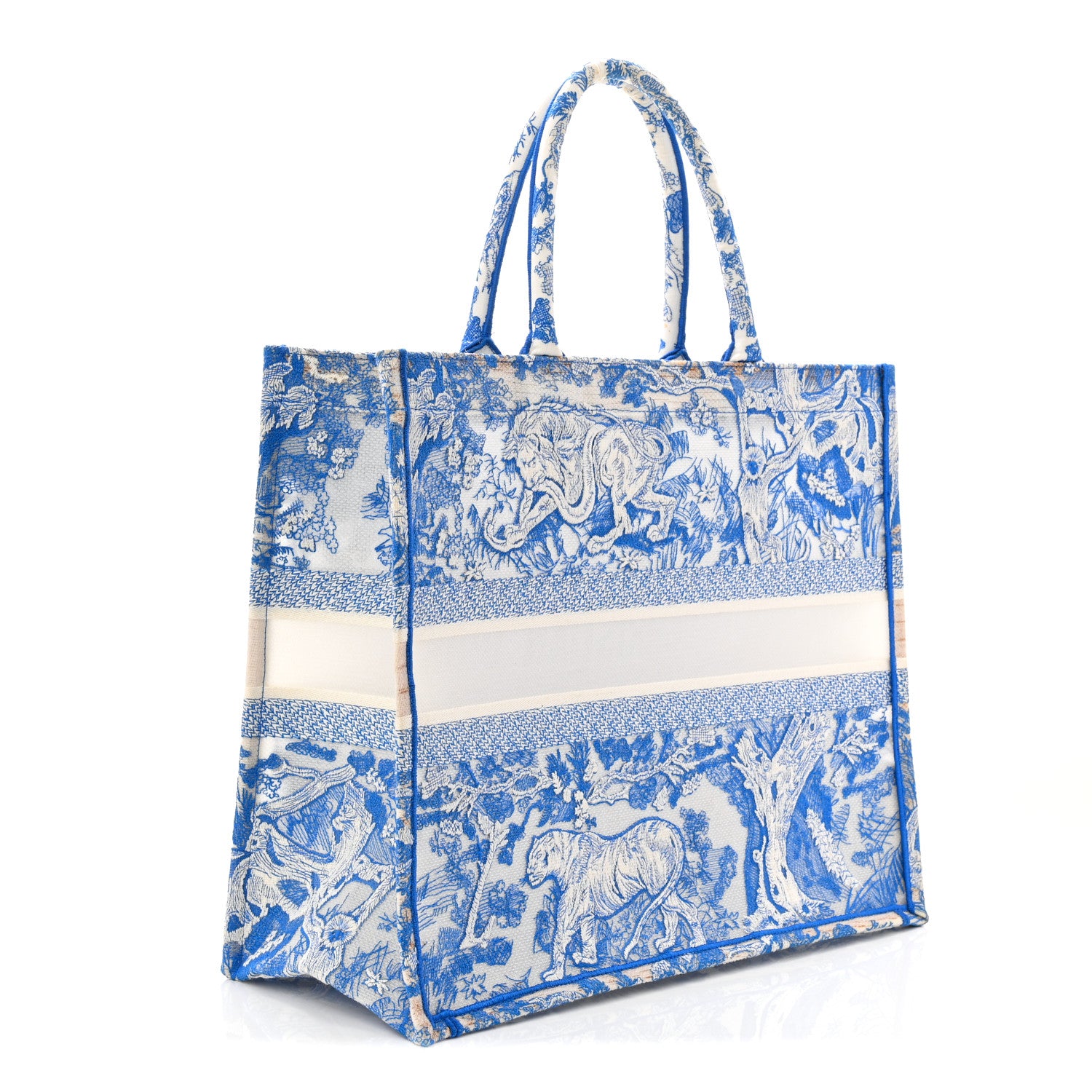 Christian Dior Transparent Canvas Embroidered Large Toile De Jouy Reverse Book Tote Fluorescent Blue 3 of 13
