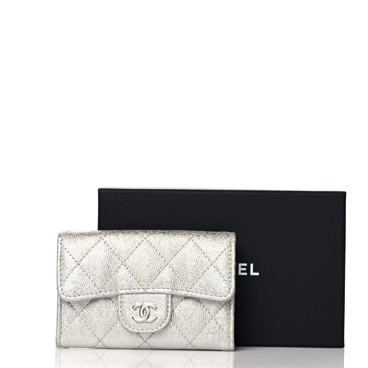 Glittered Metallic Caviar Quilted Flap Card Holder Wallet Silver