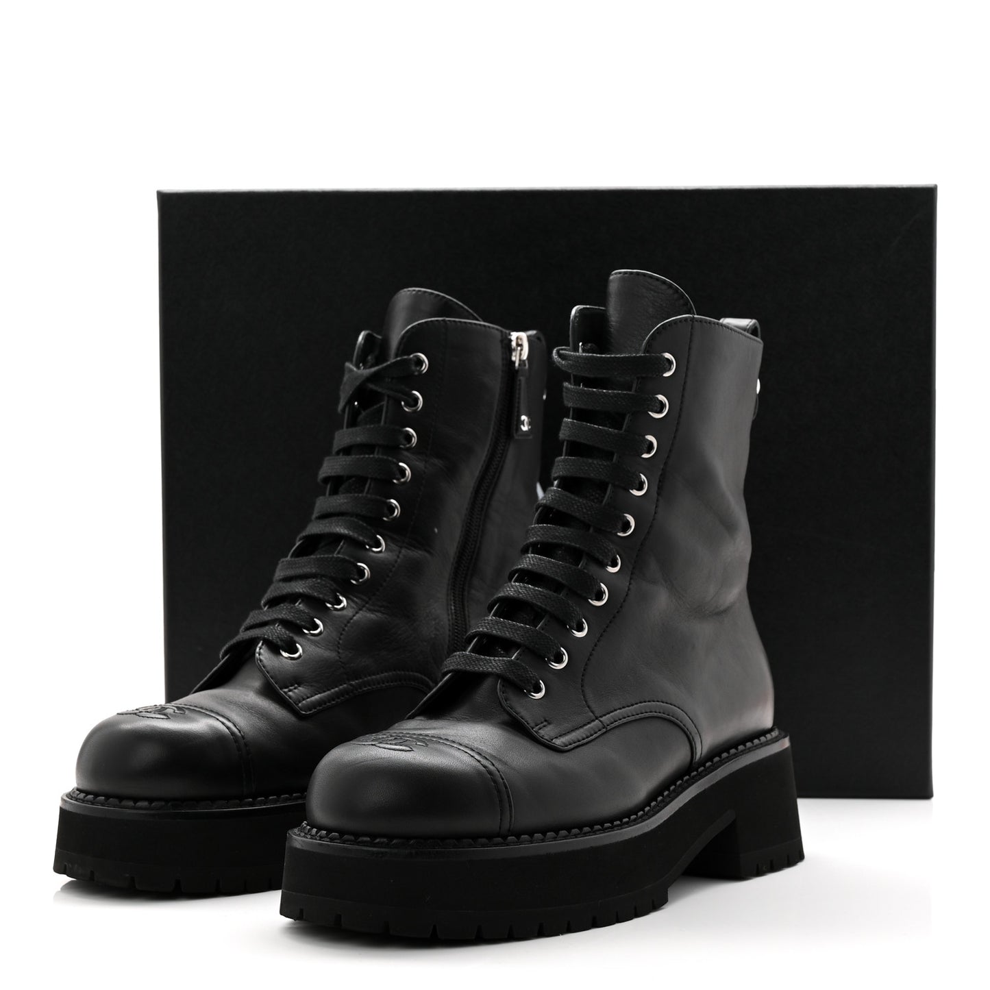 Calfskin Cap Toe Lace Up Combat Boots 39 Black