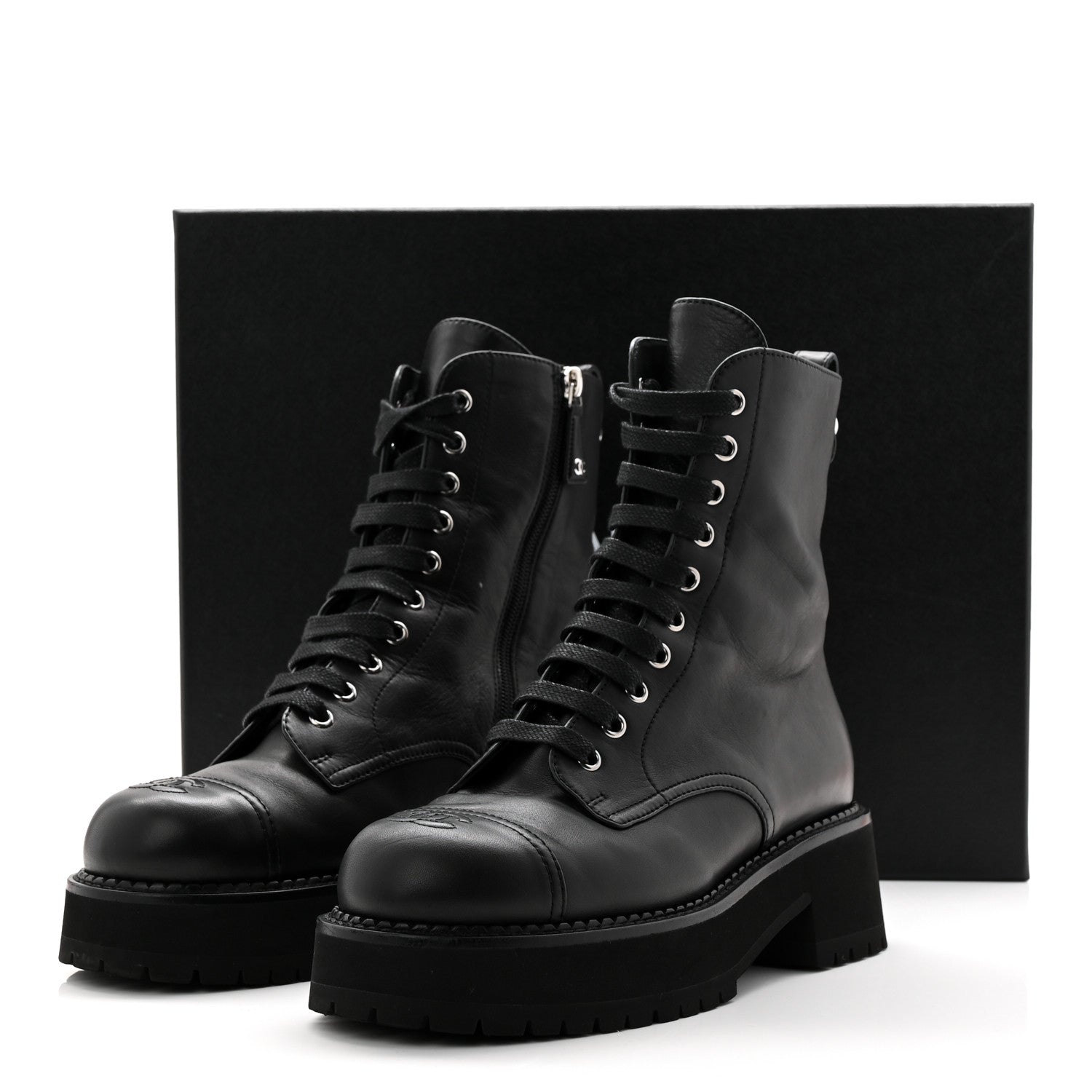 Chanel Calfskin Cap Toe Lace Up Combat Boots 39 Black 11 of 11