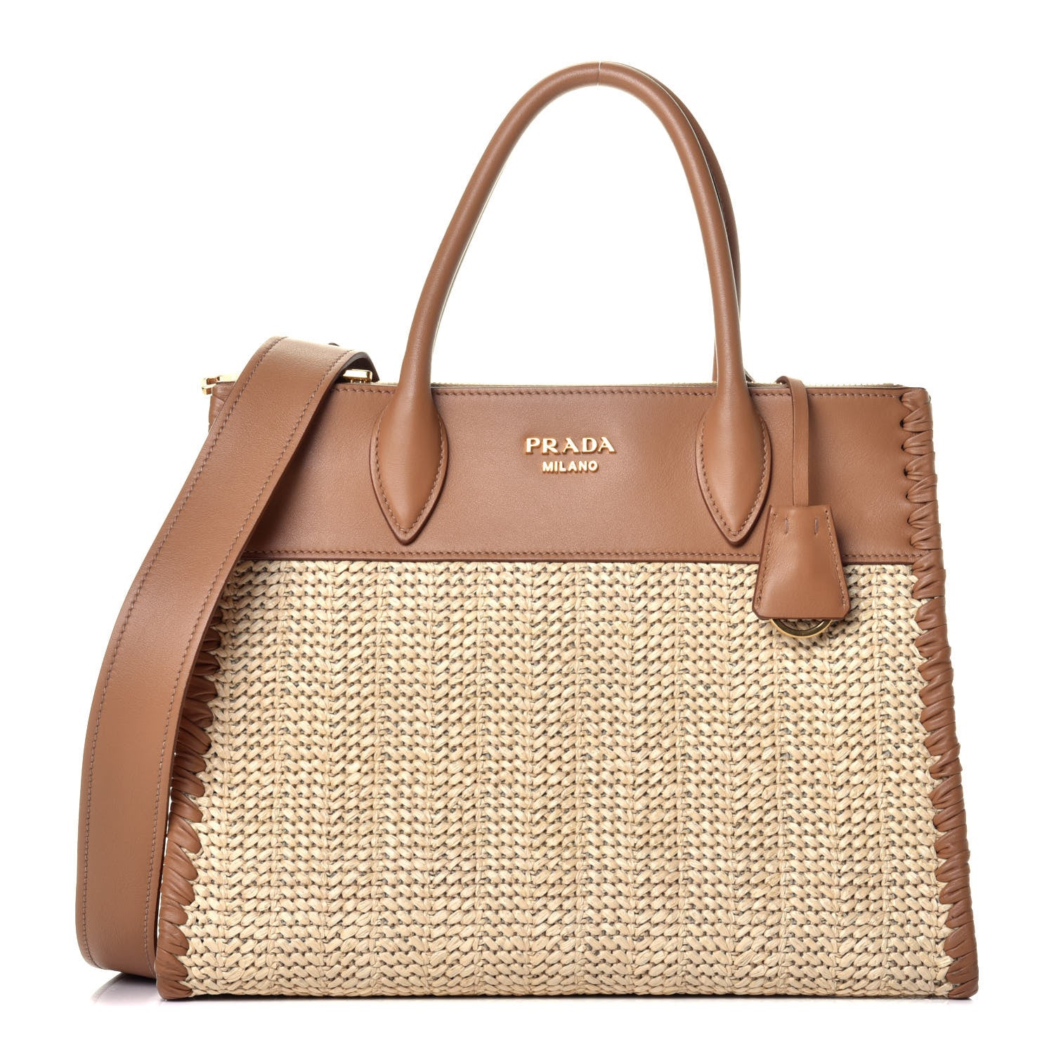 Prada Raffia City Calfskin Whipstitch Medium Paradigme Bag Naturale Caramel 1 of 9