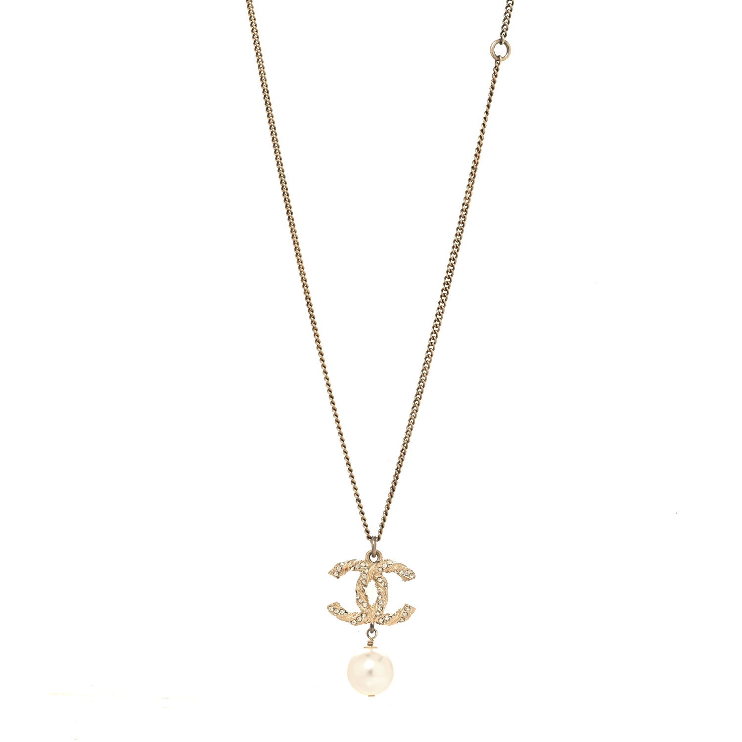 Chanel Crystal Pearl Twisted CC Drop Necklace Gold 1 of 4