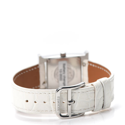 Hermes Stainless Steel Alligator Diamond Bezel Mother of Pearl 21mm Heure H Hour Quartz Watch Blanc 3 of 5