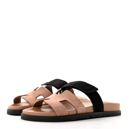 Hermes Suede Goatskin Womens Chypre Sandals 38 Rose Perle Black 3 of 9