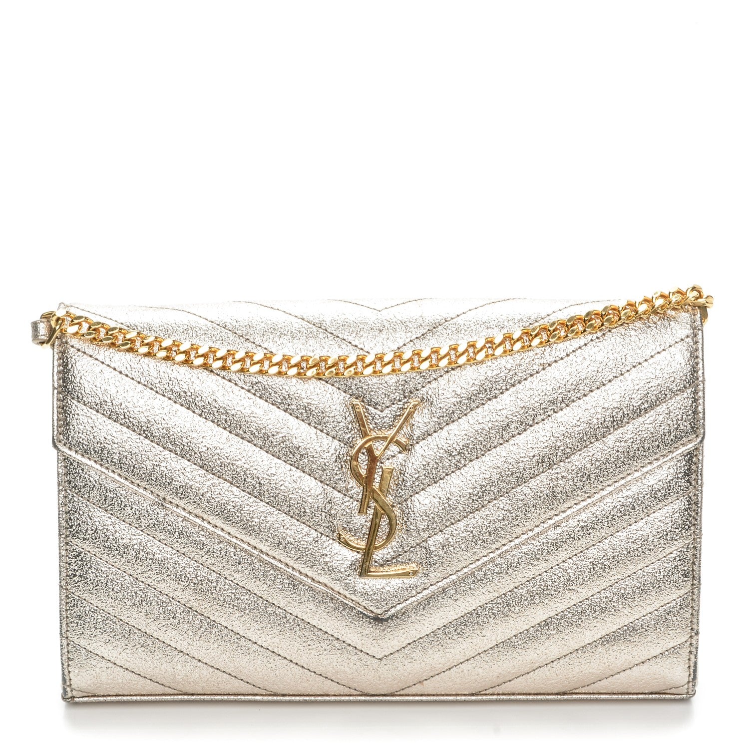 Saint Laurent Grain De Poudre Matelasse Chevron Monogram Chain Wallet Gold 1 of 10