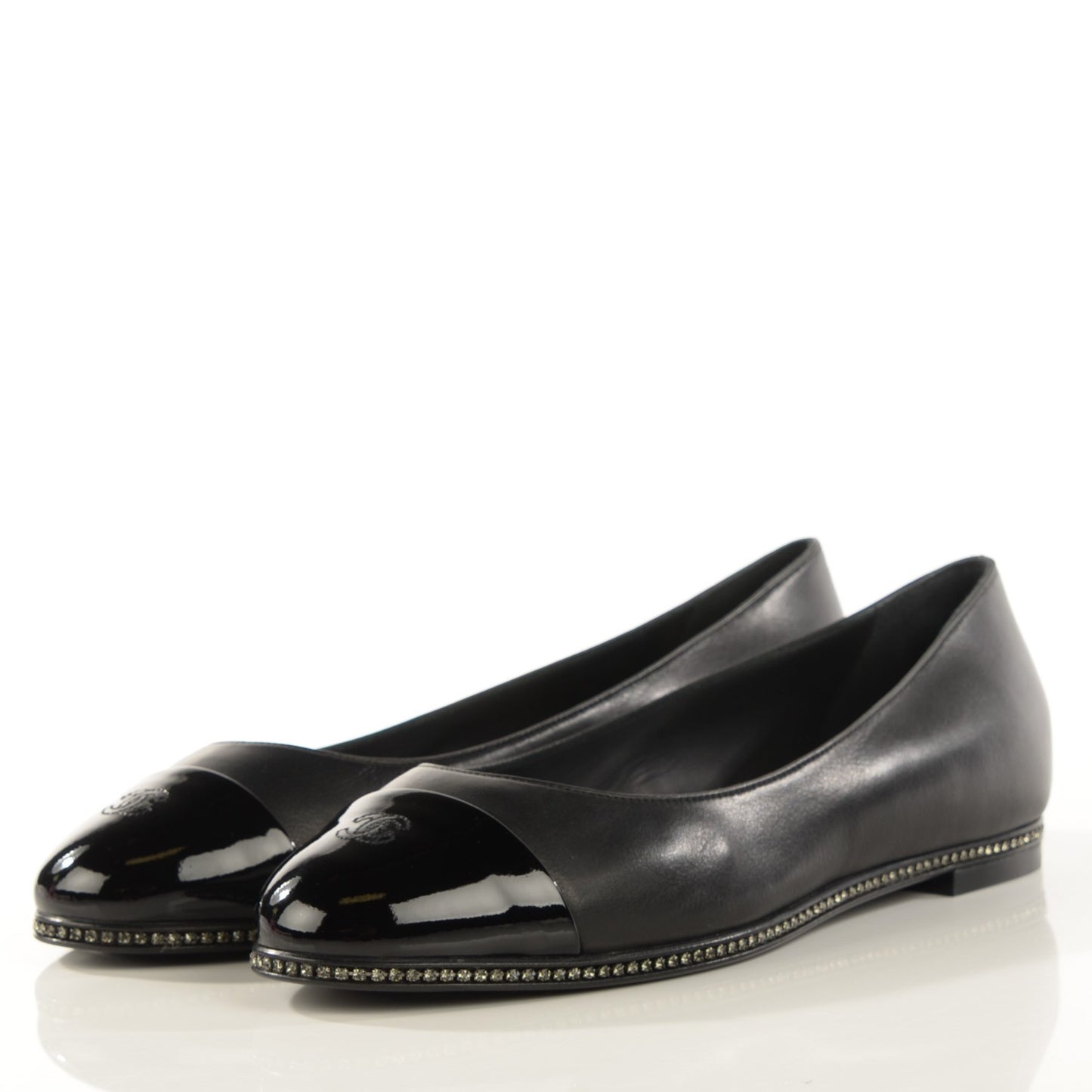 Patent Lambskin Crystal CC Cap Toe Ballerina Flats 38 Black