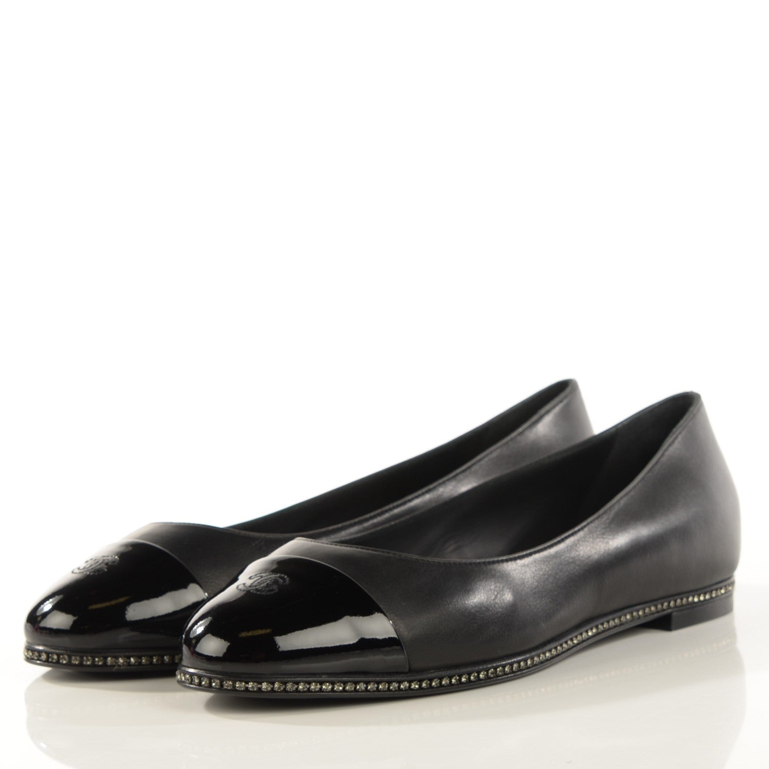 Chanel Patent Lambskin Crystal CC Cap Toe Ballerina Flats 38 Black 3 of 8