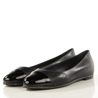 Chanel Patent Lambskin Crystal CC Cap Toe Ballerina Flats 38 Black 3 of 8