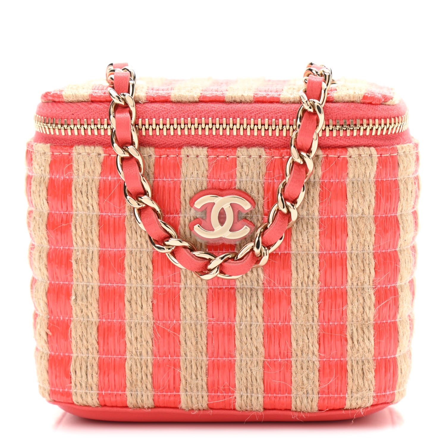 Chanel Raffia Jute Striped Mini Vanity Case With Chain Red Beige 1 of 9