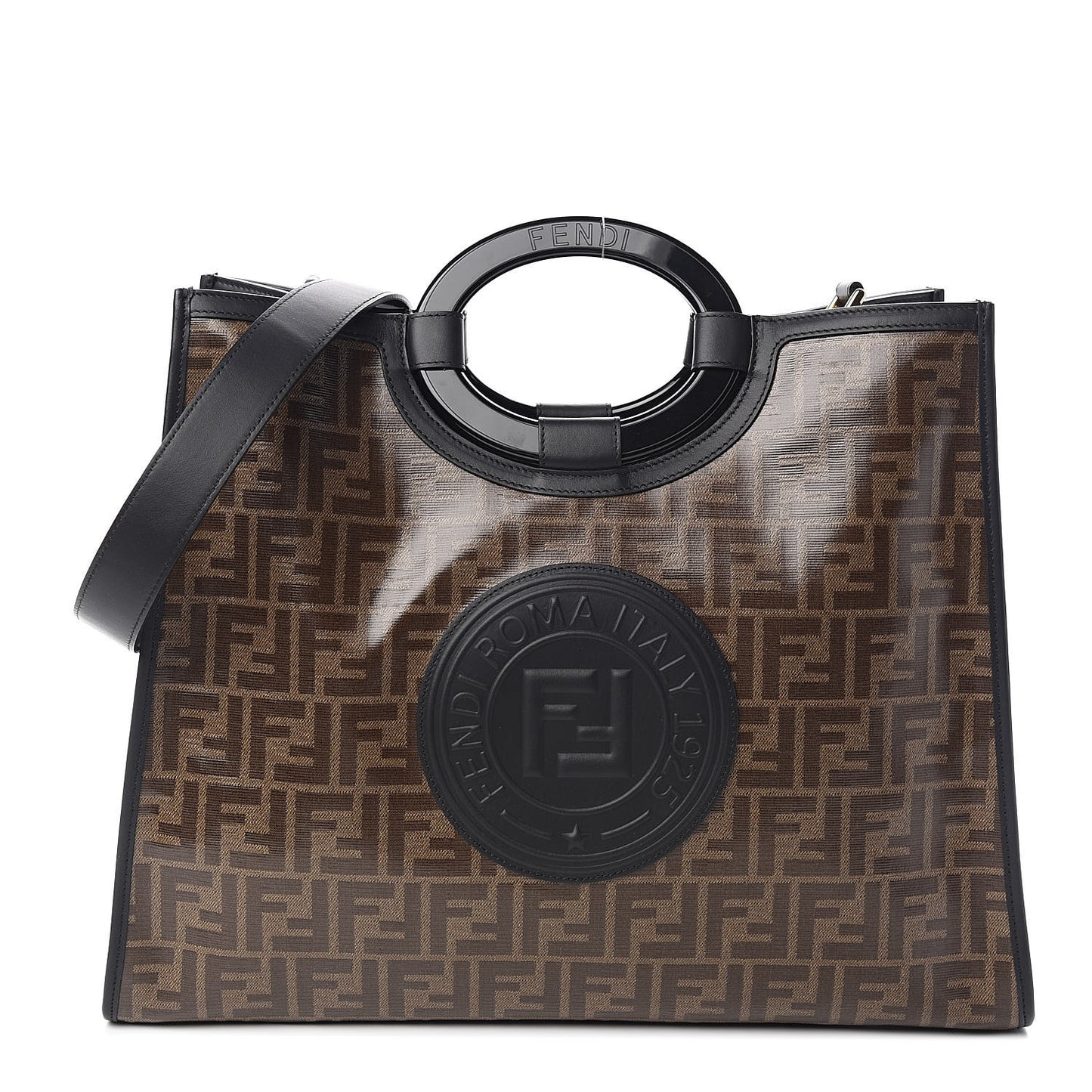 Glazed Fabric Vitello Century Plexiglass FF 1974 Stamp Patch Medium Runaway Shopper Tote Mogano Panna Black