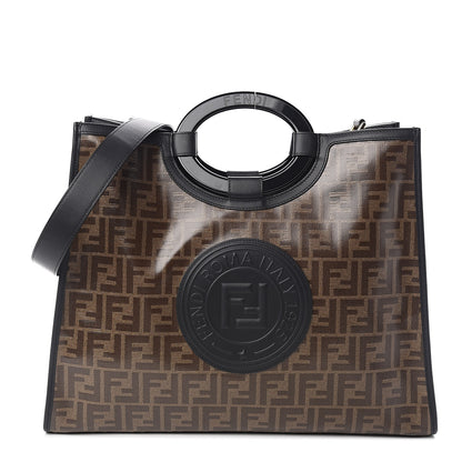 Fendi Glazed Fabric Vitello Century Plexiglass FF 1974 Stamp Patch Medium Runaway Shopper Tote Mogano Panna Black 1 of 10