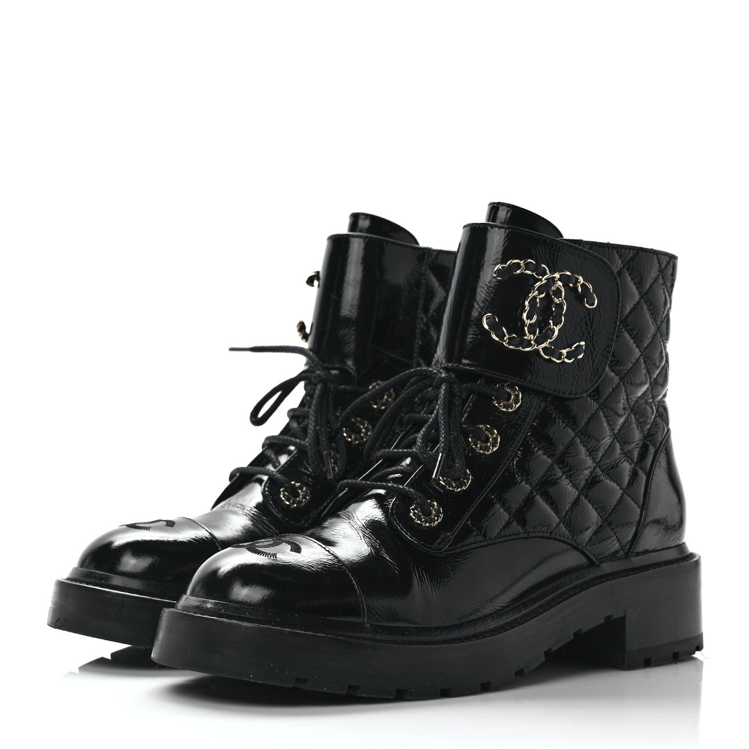 Chanel Shiny Calfskin Quilted Lace Up Combat Boots 38 Black 3 of 9