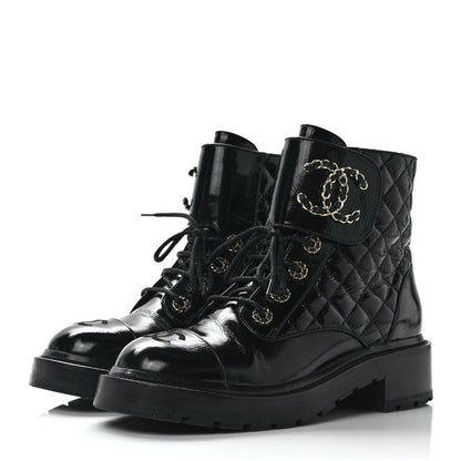Chanel Shiny Calfskin Quilted Lace Up Combat Boots 38 Black 3 of 9