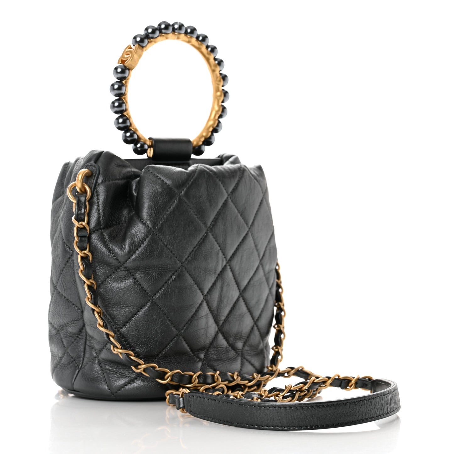 Metallic Lambskin Quilted Pearl Crown Drawstring Bag Anthracite