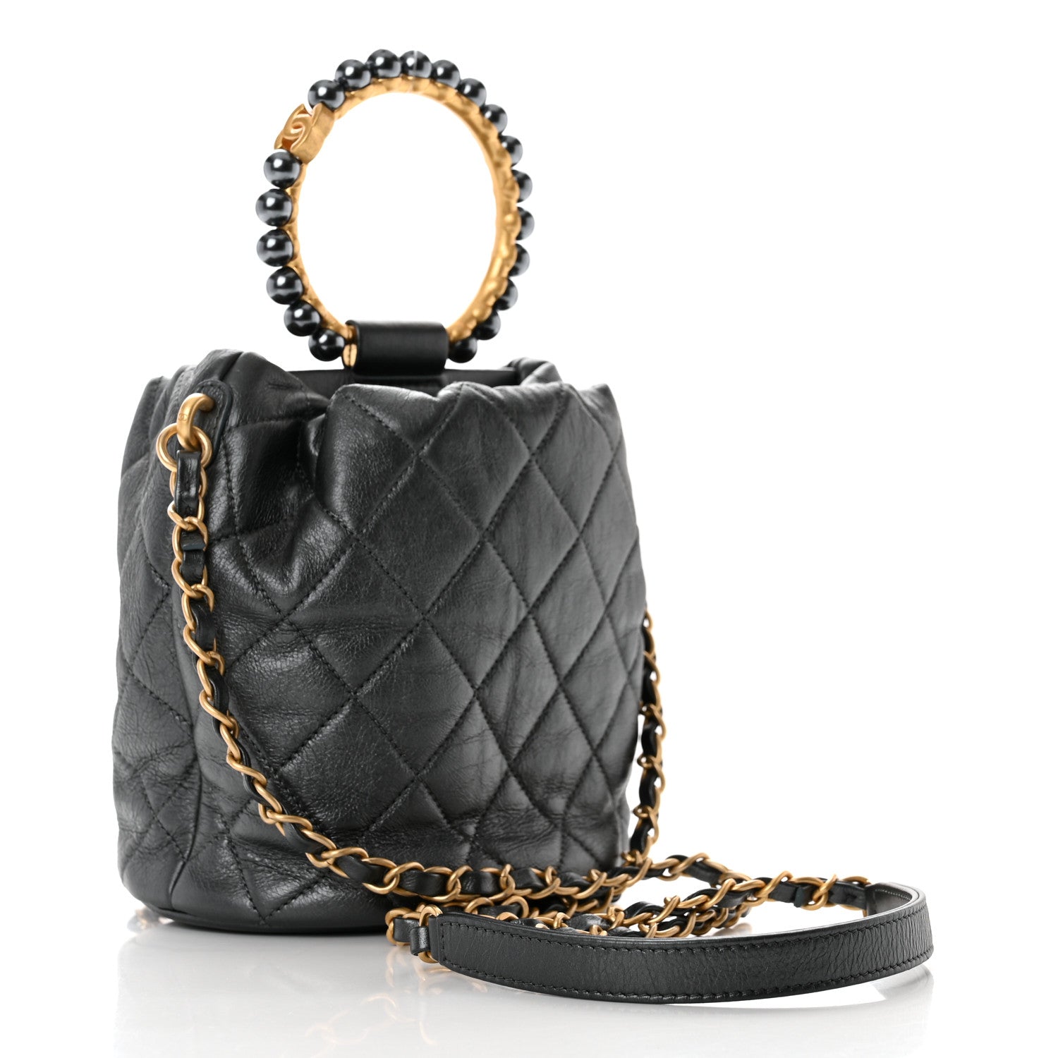 Chanel Metallic Lambskin Quilted Pearl Crown Drawstring Bag Anthracite 3 of 11