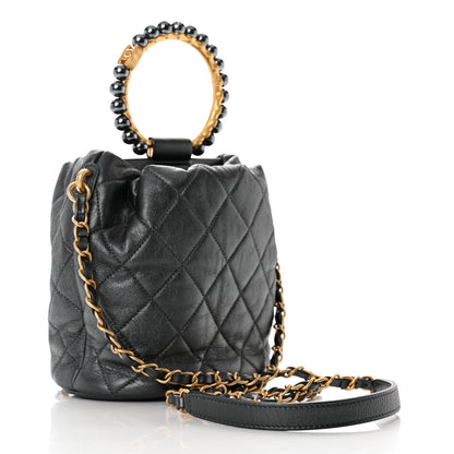 Chanel Metallic Lambskin Quilted Pearl Crown Drawstring Bag Anthracite 3 of 11