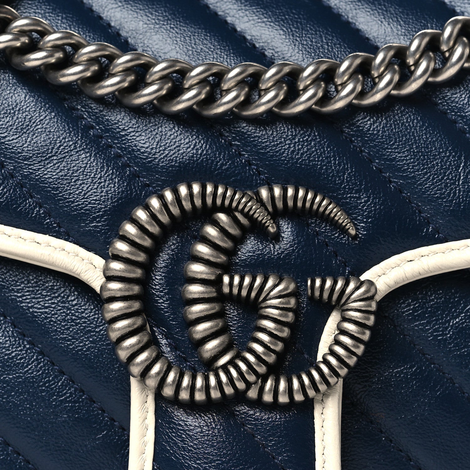 Gucci Vintage Effect Calfskin Matelasse Diagonal Small Torchon GG Marmont Shoulder Bag Blue Agata Mystic White 8 of 11