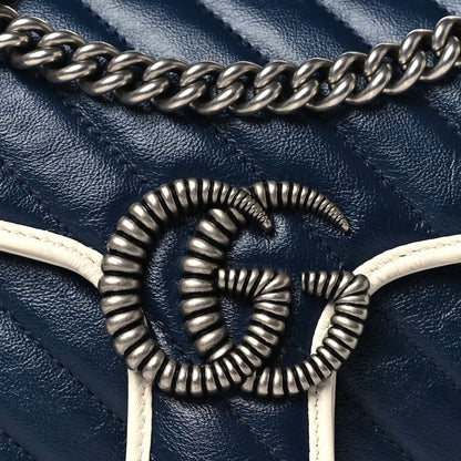 Gucci Vintage Effect Calfskin Matelasse Diagonal Small Torchon GG Marmont Shoulder Bag Blue Agata Mystic White 8 of 11