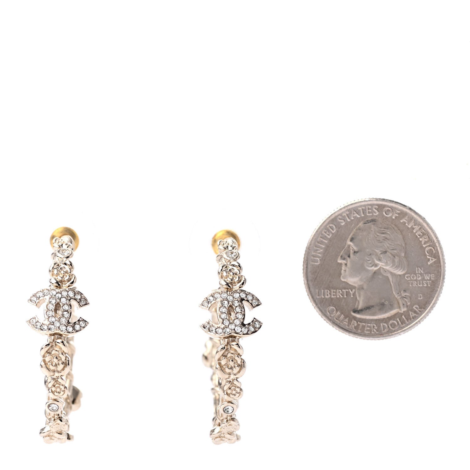 Chanel Crystal Camellia CC Hoop Earrings Gold 2 of 4