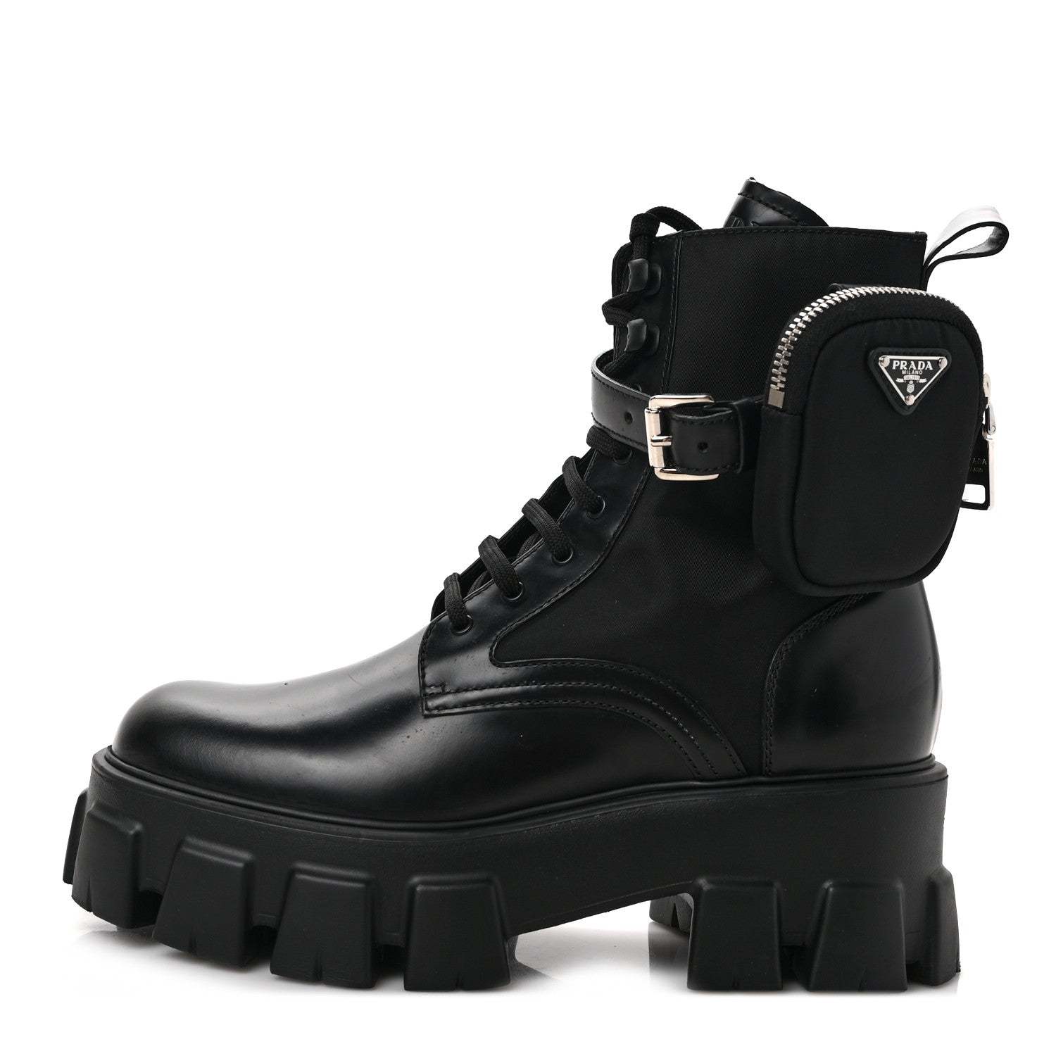 Prada Spazzolato Rois Nylon Metal Triangle Logo Monolith Pouch Pocket 55mm Boots 39 Black 1 of 8