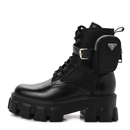 Prada Spazzolato Rois Nylon Metal Triangle Logo Monolith Pouch Pocket 55mm Boots 39 Black 1 of 8