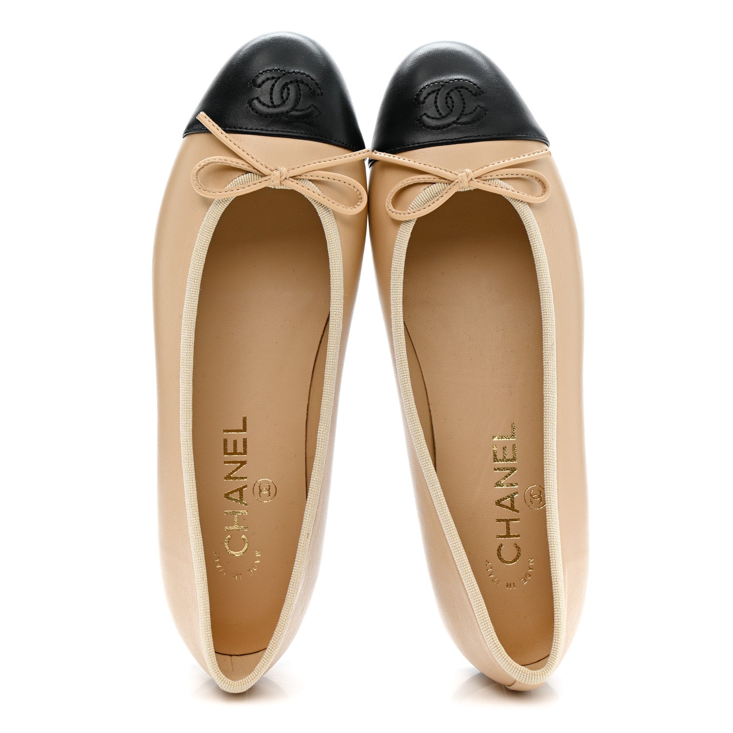 Chanel Lambskin Cap Toe CC Ballerina Flats 37.5 Beige Black 2 of 9