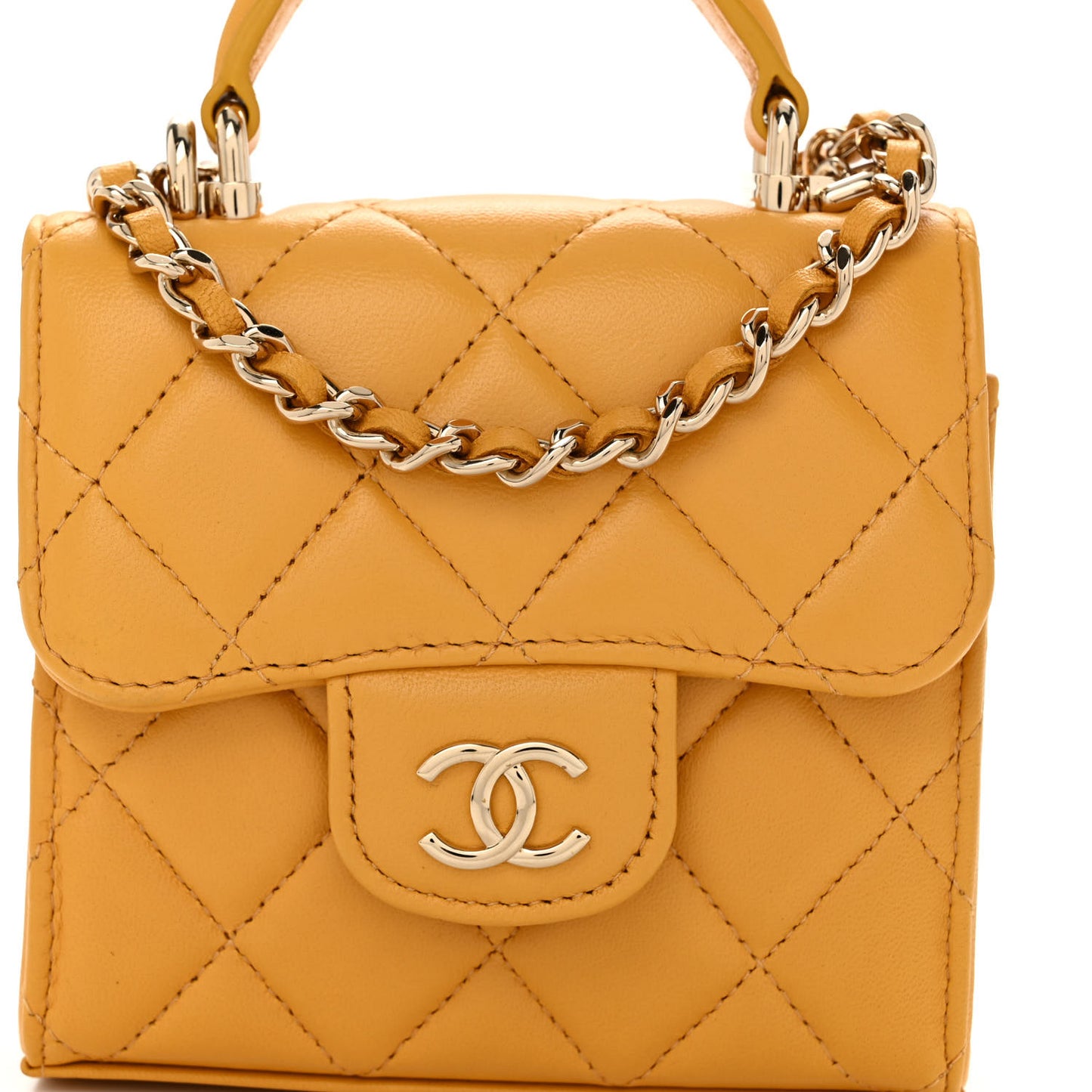 Lambskin Quilted Top Handle Flap Clutch With Chain Yellow